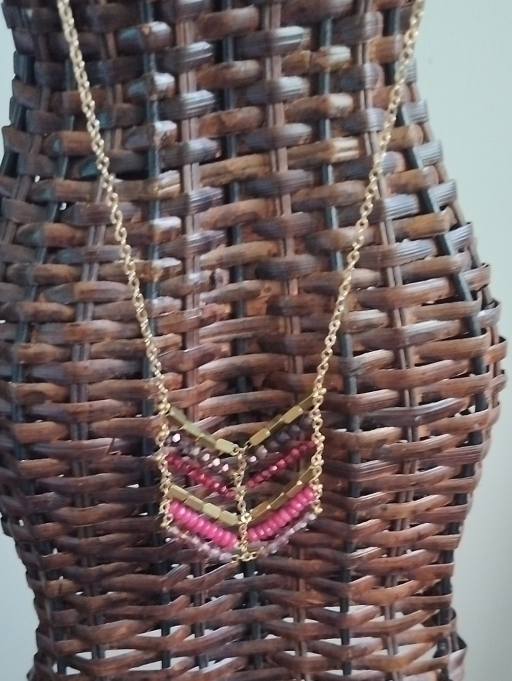 Gold-Tone Pink Beaded Chevron Pendant Necklace
